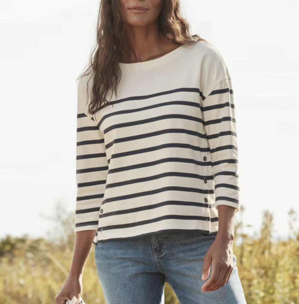 Ganet Hill Top Blue Marine Stripe 3/4 Sleeve Boat Neck Nautical Button Accent M